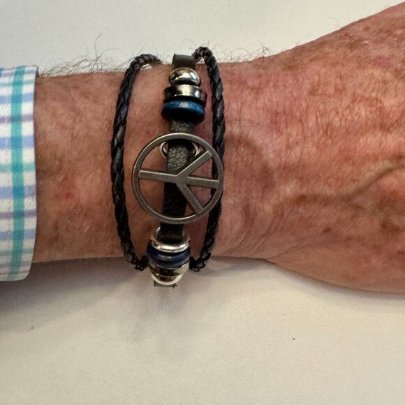Boho Peace Sign Faux Leather Bracelet – 8” Blue and Black #1482 - Picture 7 of 10